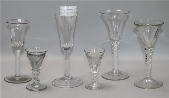 An ale glass, two trumpet glasses, an opaque glass and two toast master glasses tallest 20cm